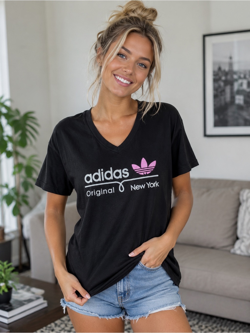 MAKE OFFER! adidas New York Black Tee Pink Trefoil Top Shirt Size Large - Picture 2 of 8